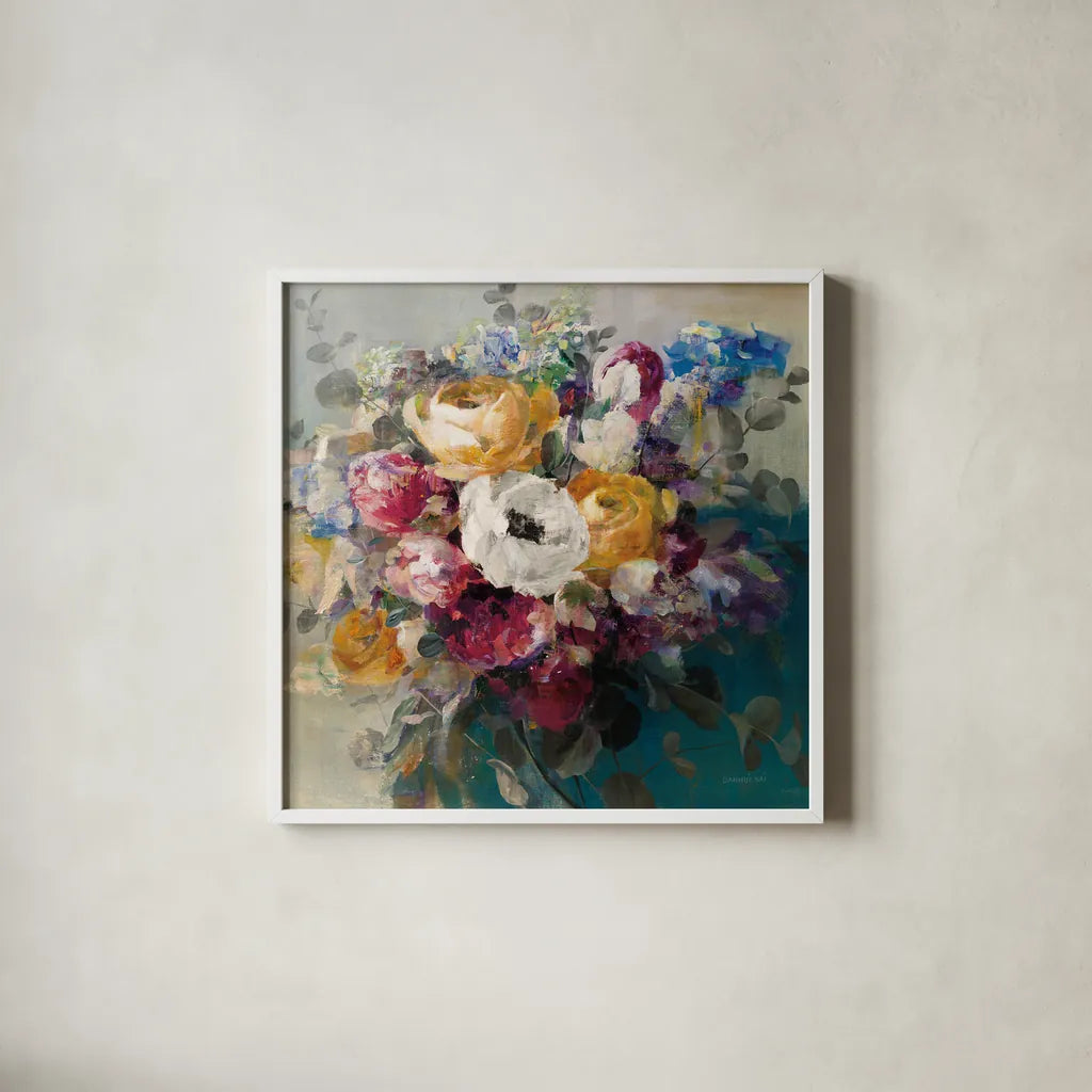 Fall Bouquet by Danhui Nai. Shown in a crisp white glass frame for a clean and minimalist style. Available as an archival giclee rolled canvas, fine art paper, or poster print. SKU 42123a.