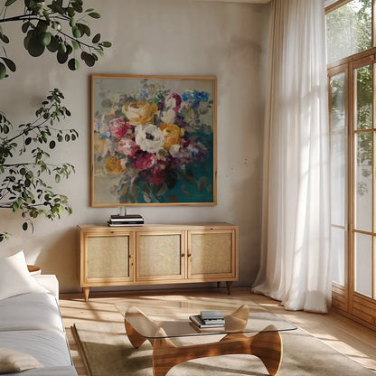 Fall Bouquet by Danhui Nai. Shown in a natural wood frame in a cozy modern living room. Available as an archival giclee rolled canvas, fine art paper, or poster print. SKU 42123a.