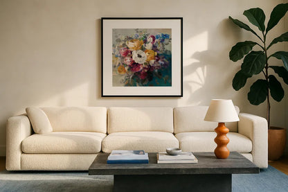 Fall Bouquet by Danhui Nai. Displayed in a glass frame with matte in a clean modern living room. Available as an archival giclee rolled canvas, fine art paper, or poster print. SKU 42123a.
