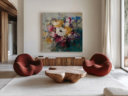 Fall Bouquet by Danhui Nai. Shown as extra-large giant wall art in a modern living room. Available as an archival giclee rolled canvas, fine art paper, or poster print. SKU 42123a.