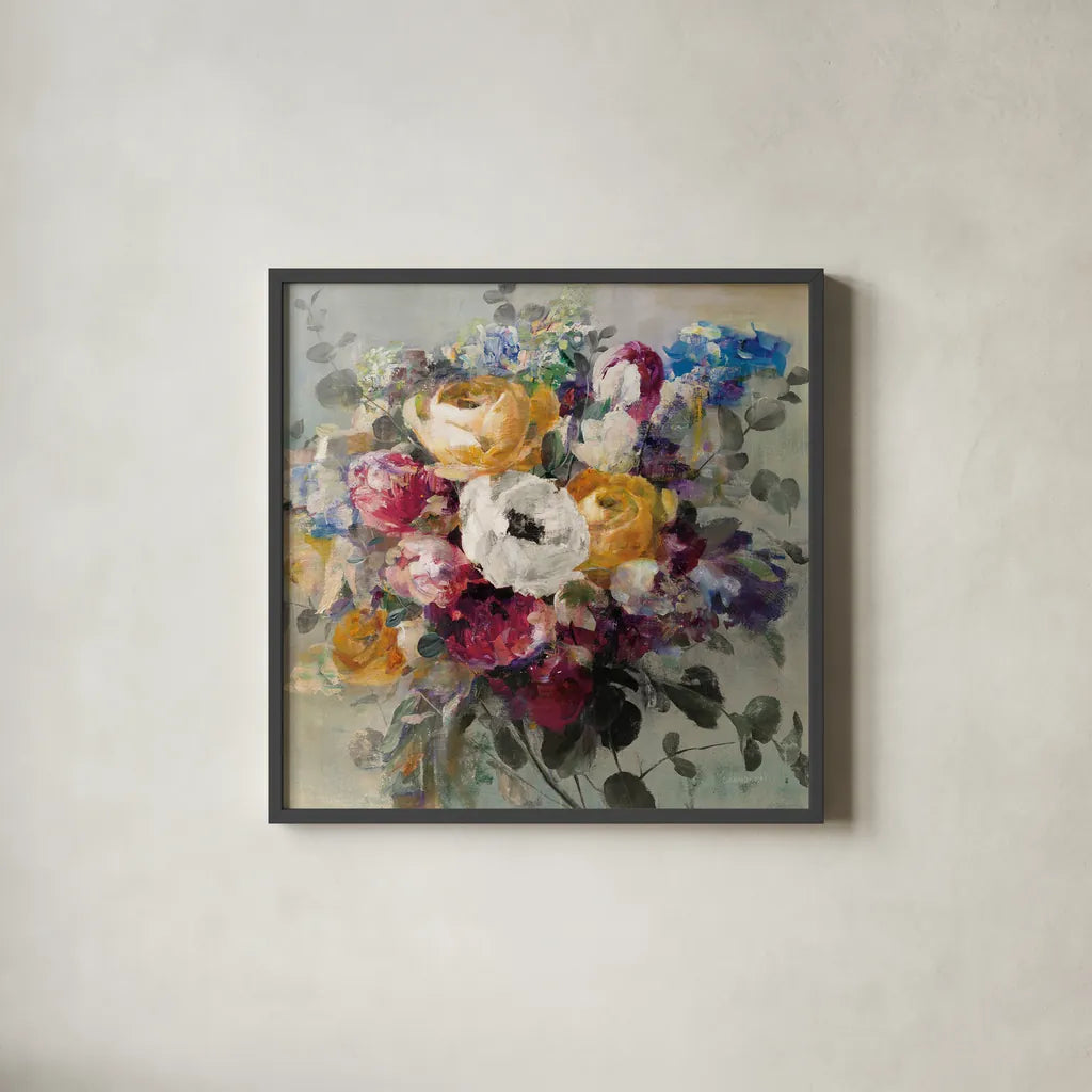 Fall Bouquet Neutral by Danhui Nai. Shown in a sleek black glass frame for a contemporary gallery look. Available as an archival giclee rolled canvas, fine art paper, or poster print. SKU 58162a.