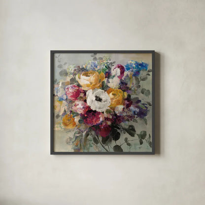Fall Bouquet Neutral by Danhui Nai. Shown in a sleek black glass frame for a contemporary gallery look. Available as an archival giclee rolled canvas, fine art paper, or poster print. SKU 58162a.