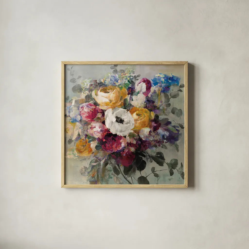 Fall Bouquet Neutral by Danhui Nai. Shown in a natural wood glass frame for a timeless modern aesthetic. Available as an archival giclee rolled canvas, fine art paper, or poster print. SKU 58162a.