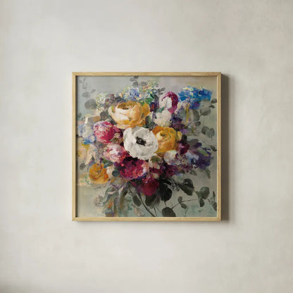Fall Bouquet Neutral by Danhui Nai. Shown in a natural wood glass frame for a timeless modern aesthetic. Available as an archival giclee rolled canvas, fine art paper, or poster print. SKU 58162a.
