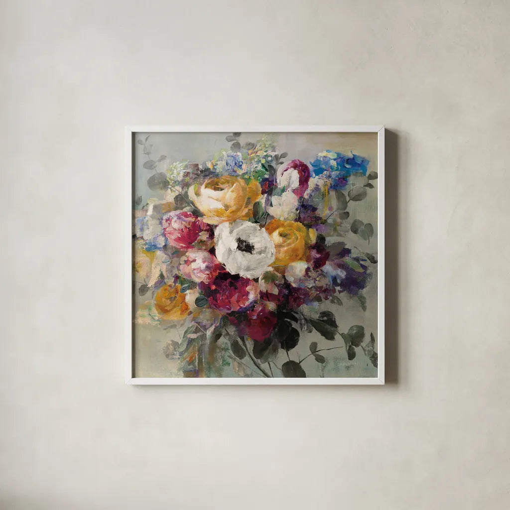 Fall Bouquet Neutral by Danhui Nai. Shown in a crisp white glass frame for a clean and minimalist style. Available as an archival giclee rolled canvas, fine art paper, or poster print. SKU 58162a.