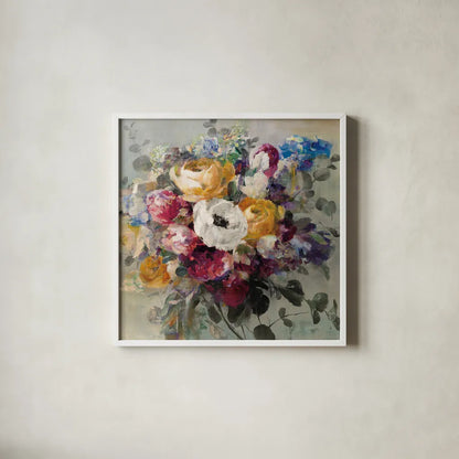 Fall Bouquet Neutral by Danhui Nai. Shown in a crisp white glass frame for a clean and minimalist style. Available as an archival giclee rolled canvas, fine art paper, or poster print. SKU 58162a.