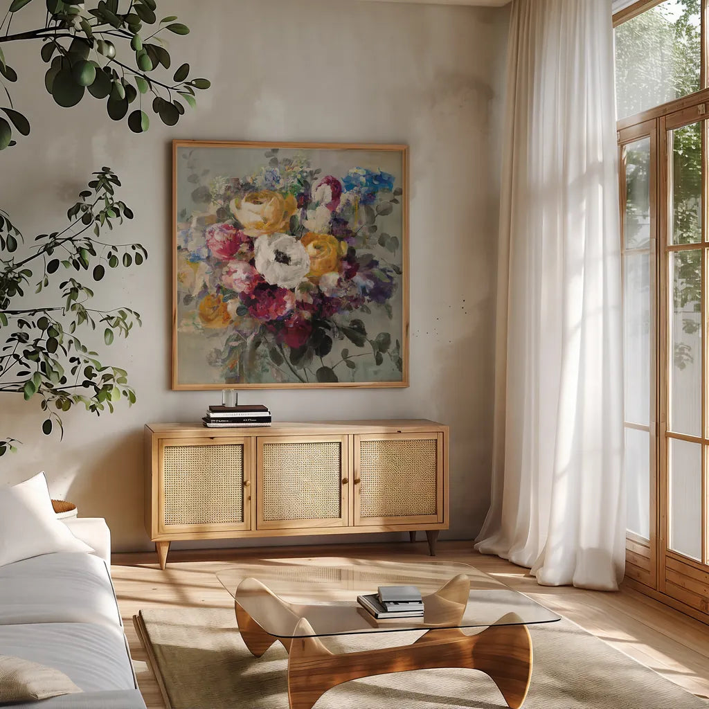 Fall Bouquet Neutral by Danhui Nai. Shown in a natural wood frame in a cozy modern living room. Available as an archival giclee rolled canvas, fine art paper, or poster print. SKU 58162a.