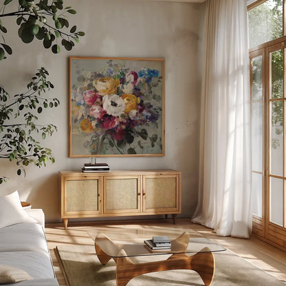Fall Bouquet Neutral by Danhui Nai. Shown in a natural wood frame in a cozy modern living room. Available as an archival giclee rolled canvas, fine art paper, or poster print. SKU 58162a.