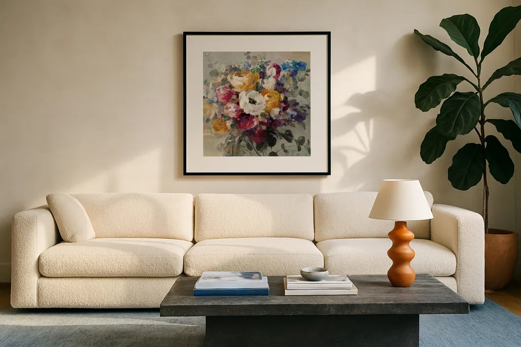 Fall Bouquet Neutral by Danhui Nai. Displayed in a glass frame with matte in a clean modern living room. Available as an archival giclee rolled canvas, fine art paper, or poster print. SKU 58162a.