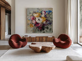 Fall Bouquet Neutral by Danhui Nai. Shown as extra-large giant wall art in a modern living room. Available as an archival giclee rolled canvas, fine art paper, or poster print. SKU 58162a.