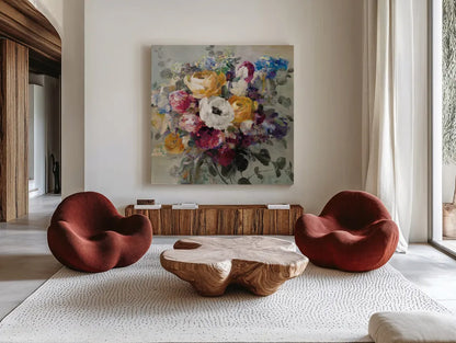 Fall Bouquet Neutral by Danhui Nai. Shown as extra-large giant wall art in a modern living room. Available as an archival giclee rolled canvas, fine art paper, or poster print. SKU 58162a.