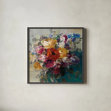 Fall Bouquet Orange Rose by Danhui Nai. Shown in a sleek black glass frame for a contemporary gallery look. Available as an archival giclee rolled canvas, fine art paper, or poster print. SKU 42828a.