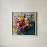 Fall Bouquet Orange Rose by Danhui Nai. Shown in a crisp white glass frame for a clean and minimalist style. Available as an archival giclee rolled canvas, fine art paper, or poster print. SKU 42828a.
