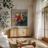 Fall Bouquet Orange Rose by Danhui Nai. Shown in a natural wood frame in a cozy modern living room. Available as an archival giclee rolled canvas, fine art paper, or poster print. SKU 42828a.