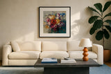 Fall Bouquet Orange Rose by Danhui Nai. Displayed in a glass frame with matte in a clean modern living room. Available as an archival giclee rolled canvas, fine art paper, or poster print. SKU 42828a.