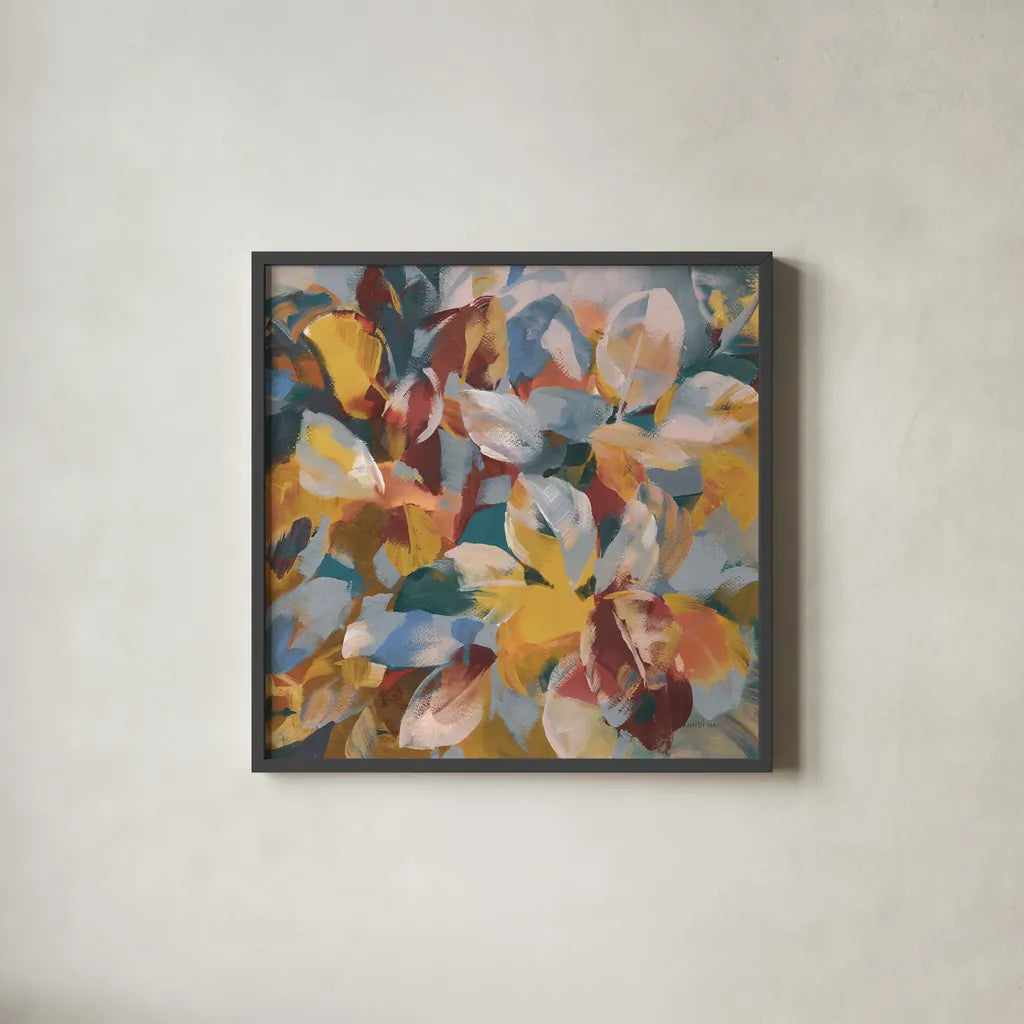 Fall Confetti Leaves by Danhui Nai. Shown in a sleek black glass frame for a contemporary gallery look. Available as an archival giclee rolled canvas, fine art paper, or poster print. SKU 81859a.