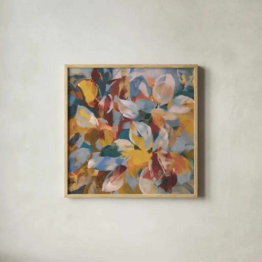 Fall Confetti Leaves by Danhui Nai. Shown in a natural wood glass frame for a timeless modern aesthetic. Available as an archival giclee rolled canvas, fine art paper, or poster print. SKU 81859a.
