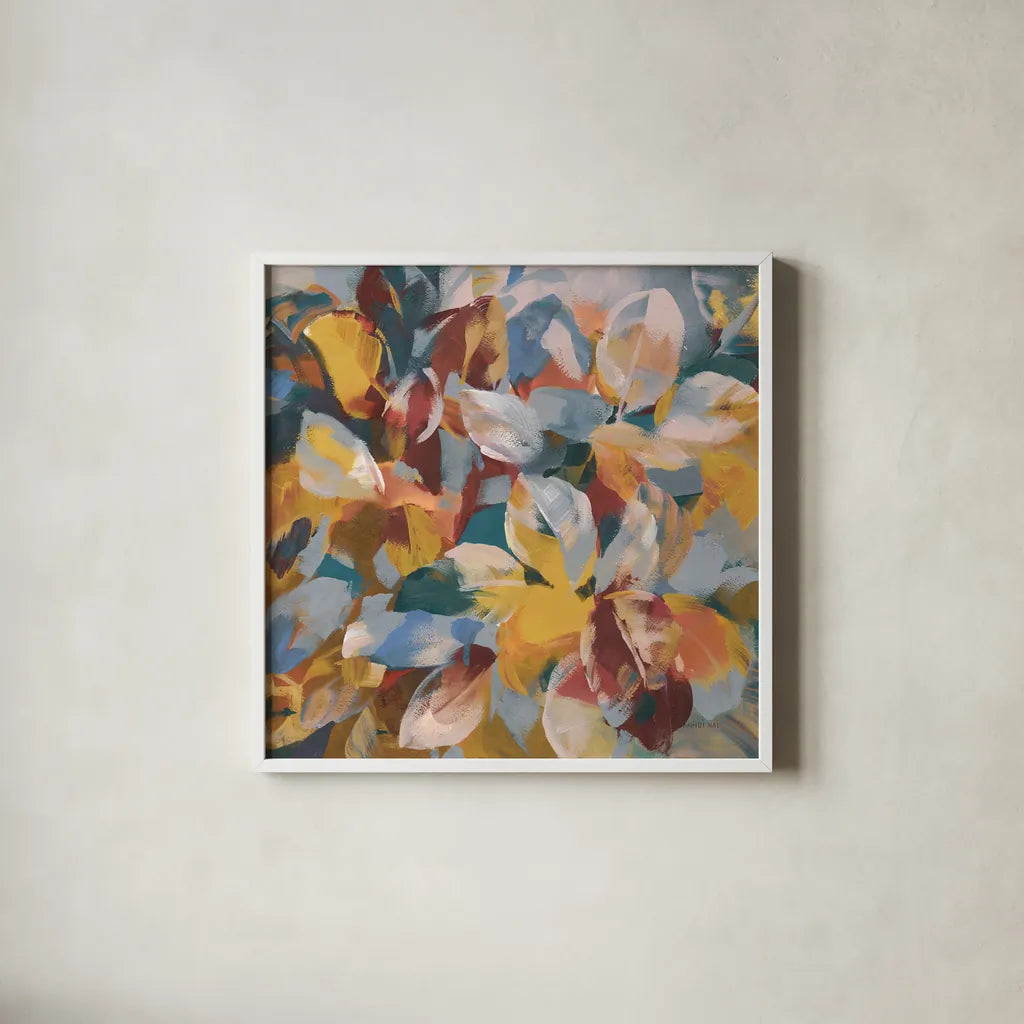 Fall Confetti Leaves by Danhui Nai. Shown in a crisp white glass frame for a clean and minimalist style. Available as an archival giclee rolled canvas, fine art paper, or poster print. SKU 81859a.