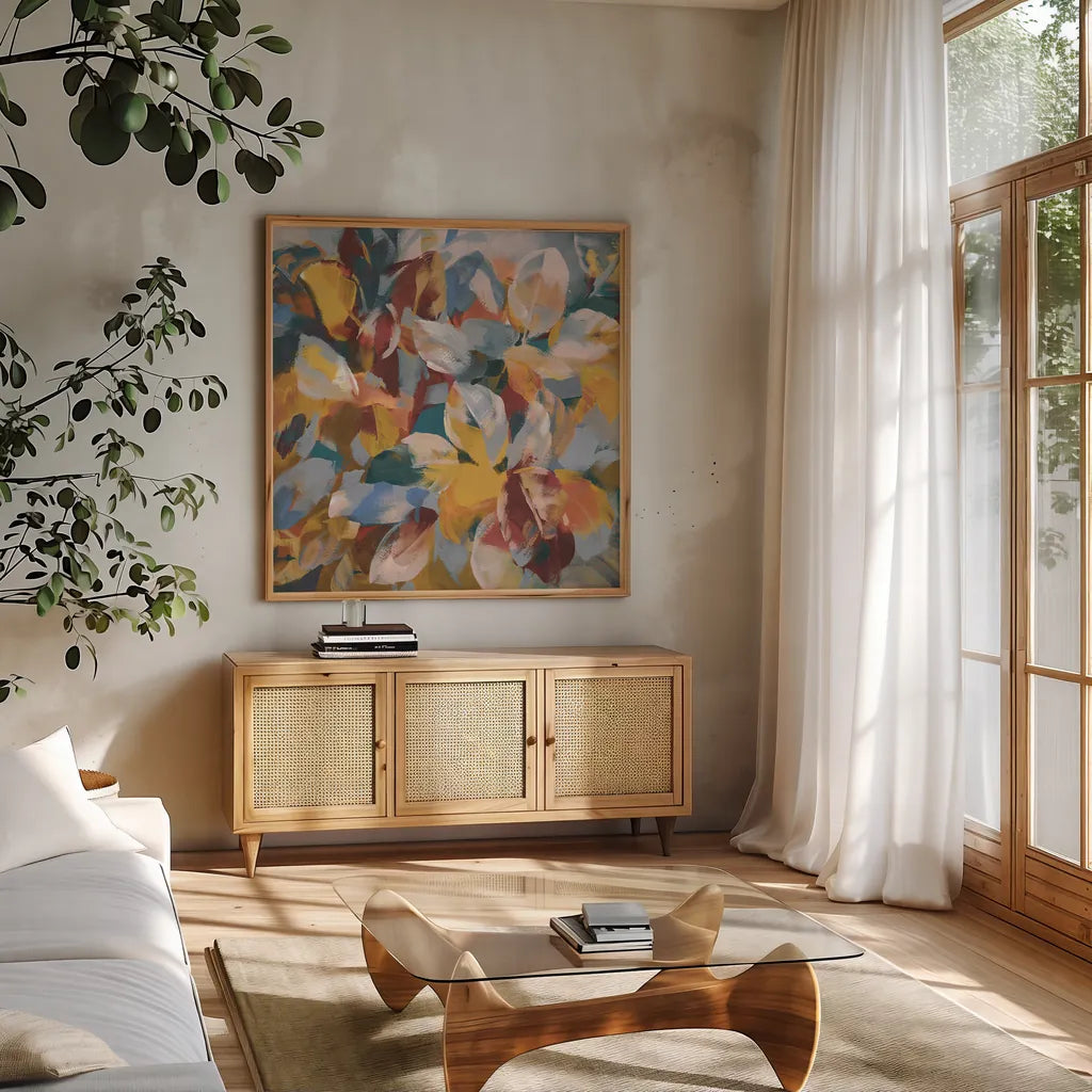 Fall Confetti Leaves by Danhui Nai. Shown in a natural wood frame in a cozy modern living room. Available as an archival giclee rolled canvas, fine art paper, or poster print. SKU 81859a.