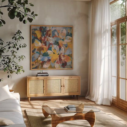 Fall Confetti Leaves by Danhui Nai. Shown in a natural wood frame in a cozy modern living room. Available as an archival giclee rolled canvas, fine art paper, or poster print. SKU 81859a.