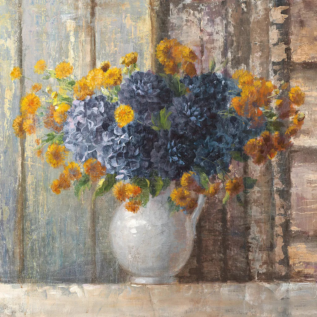 Fall Dahlia Bouquet Crop Blue by Danhui Nai. SKU 23372a. Archival Giclee Fine art print for wall decor.
