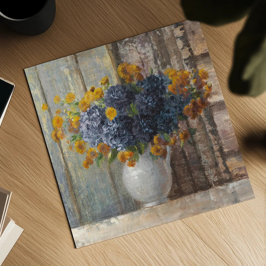 Fall Dahlia Bouquet Crop Blue by Danhui Nai. Shown as a detailed flat fine art print, highlighting archival giclee quality. Available as an archival giclee rolled canvas, fine art paper, or poster print. SKU 23372a.