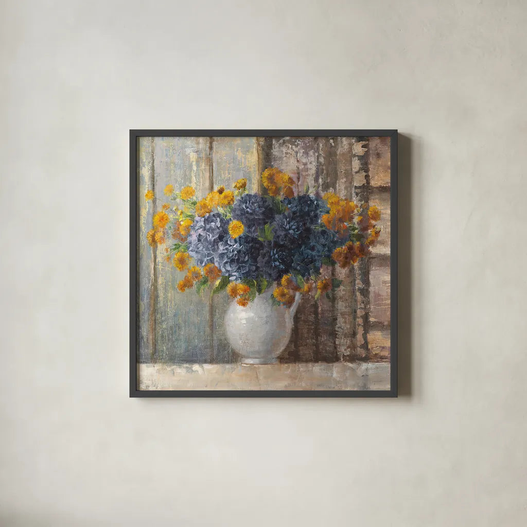 Fall Dahlia Bouquet Crop Blue by Danhui Nai. Shown in a sleek black glass frame for a contemporary gallery look. Available as an archival giclee rolled canvas, fine art paper, or poster print. SKU 23372a.