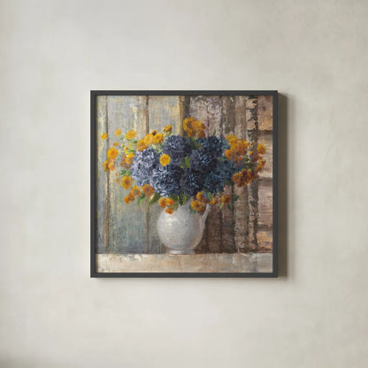 Fall Dahlia Bouquet Crop Blue by Danhui Nai. Shown in a sleek black glass frame for a contemporary gallery look. Available as an archival giclee rolled canvas, fine art paper, or poster print. SKU 23372a.
