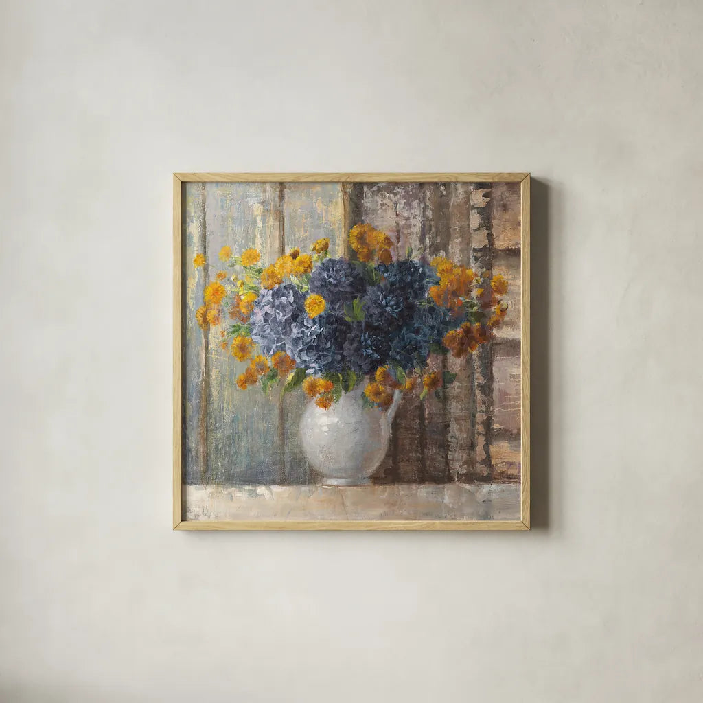 Fall Dahlia Bouquet Crop Blue by Danhui Nai. Shown in a natural wood glass frame for a timeless modern aesthetic. Available as an archival giclee rolled canvas, fine art paper, or poster print. SKU 23372a.