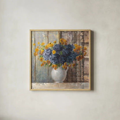 Fall Dahlia Bouquet Crop Blue by Danhui Nai. Shown in a natural wood glass frame for a timeless modern aesthetic. Available as an archival giclee rolled canvas, fine art paper, or poster print. SKU 23372a.