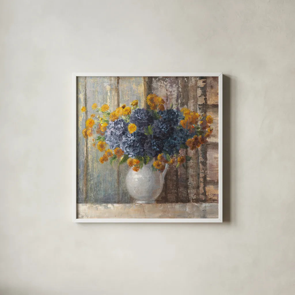 Fall Dahlia Bouquet Crop Blue by Danhui Nai. Shown in a crisp white glass frame for a clean and minimalist style. Available as an archival giclee rolled canvas, fine art paper, or poster print. SKU 23372a.