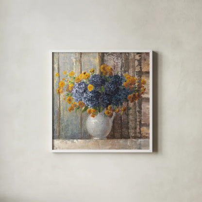 Fall Dahlia Bouquet Crop Blue by Danhui Nai. Shown in a crisp white glass frame for a clean and minimalist style. Available as an archival giclee rolled canvas, fine art paper, or poster print. SKU 23372a.