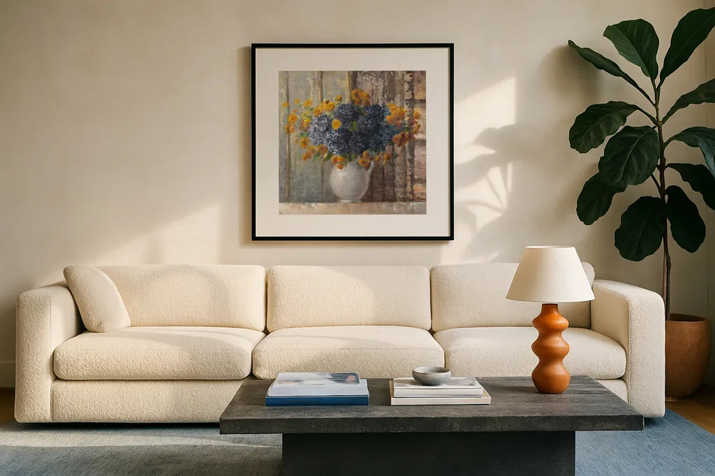Fall Dahlia Bouquet Crop Blue by Danhui Nai. Displayed in a glass frame with matte in a clean modern living room. Available as an archival giclee rolled canvas, fine art paper, or poster print. SKU 23372a.