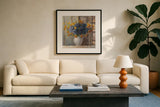 Fall Dahlia Bouquet Crop Blue by Danhui Nai. Displayed in a glass frame with matte in a clean modern living room. Available as an archival giclee rolled canvas, fine art paper, or poster print. SKU 23372a.
