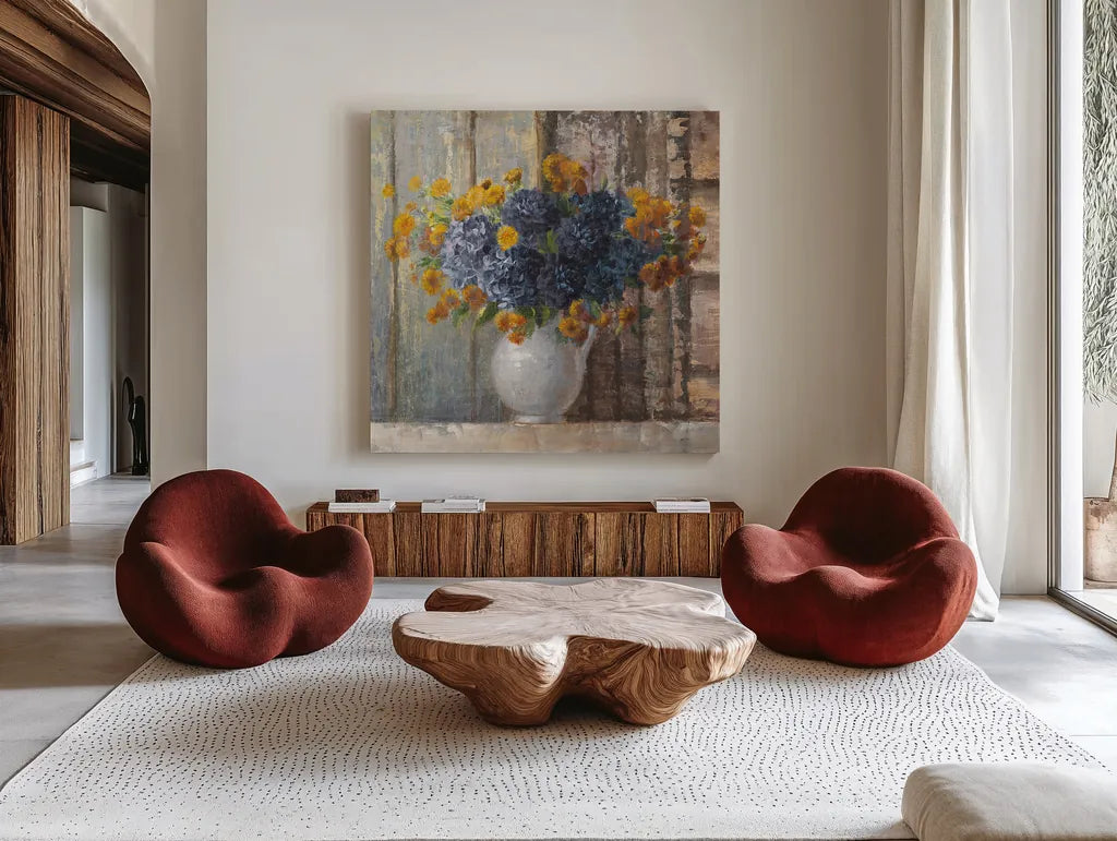 Fall Dahlia Bouquet Crop Blue by Danhui Nai. Shown as extra-large giant wall art in a modern living room. Available as an archival giclee rolled canvas, fine art paper, or poster print. SKU 23372a.