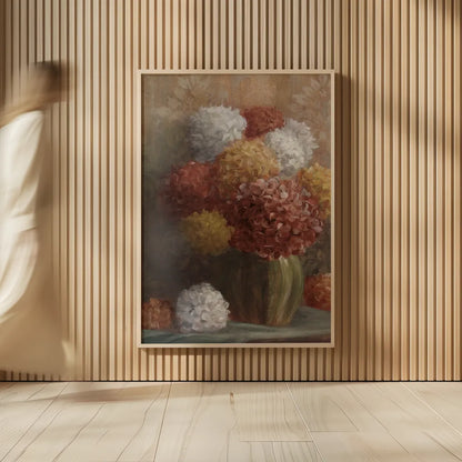 Fall Hydrangea Crop by Danhui Nai. shown as over sized large wall art. Available as an archival giclee rolled canvas, fine art paper, or poster print. SKU 94601h.