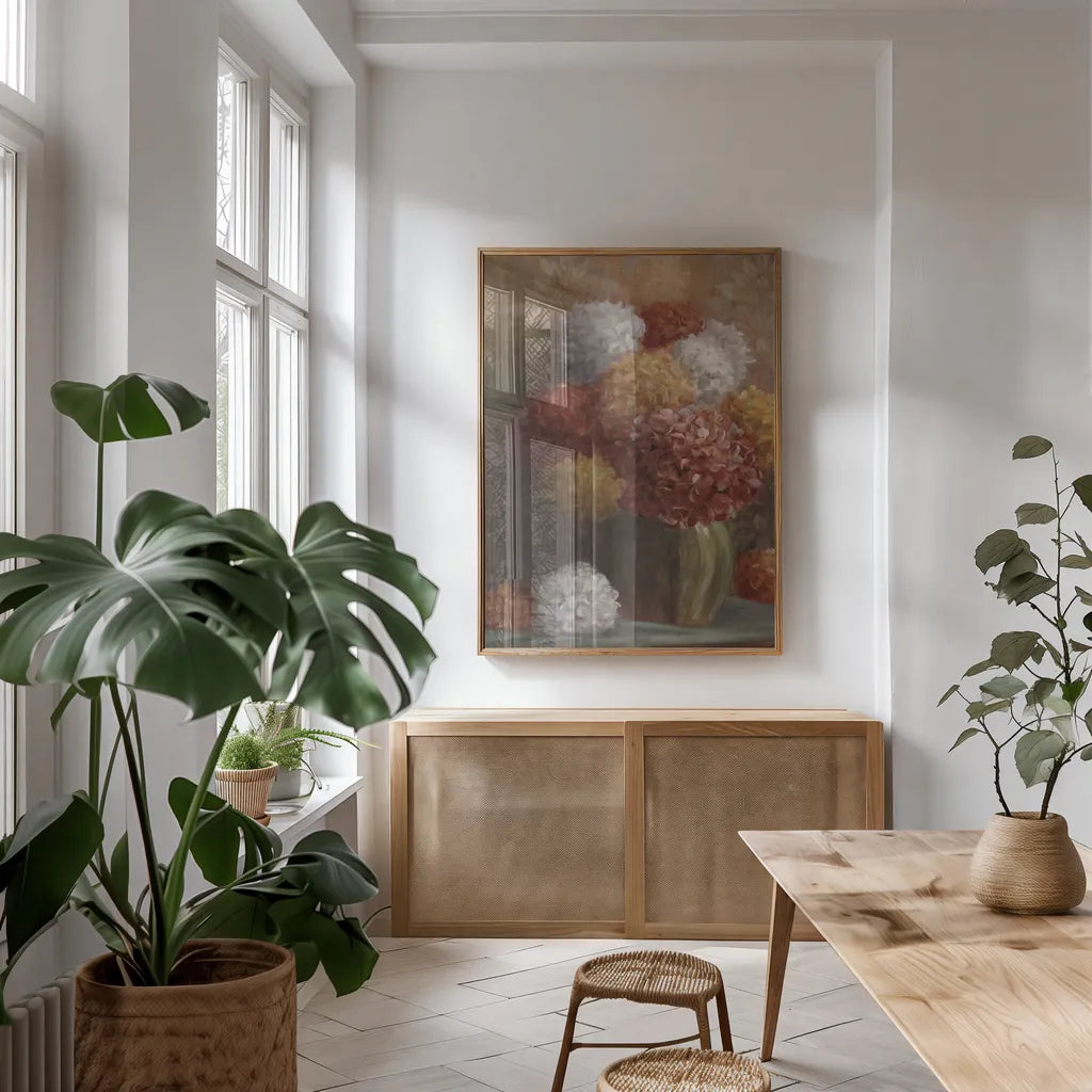 Fall Hydrangea Crop by Danhui Nai. shown as a print in a natural wood frame in a dining room. Available as a archival giclee rolled canvas, fine art paper, or poster print. SKU 94601h.