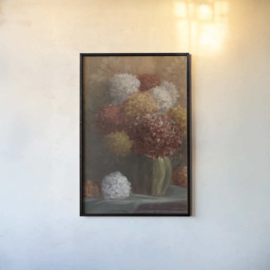 Fall Hydrangea Crop by Danhui Nai. shown as a paper print in a black flame. Available as a archival giclee rolled canvas, fine art paper, or poster print. SKU 94601h.