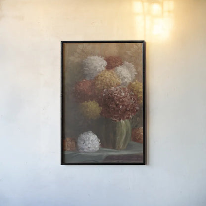 Fall Hydrangea Crop by Danhui Nai. shown as a paper print in a black flame. Available as a archival giclee rolled canvas, fine art paper, or poster print. SKU 94601h.