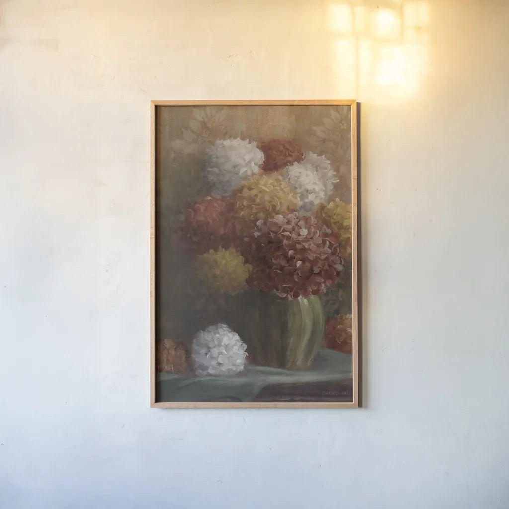 Fall Hydrangea Crop by Danhui Nai. shown as a paper print in a natural frame. Available as a archival giclee rolled canvas, fine art paper, or poster print. SKU 94601h.