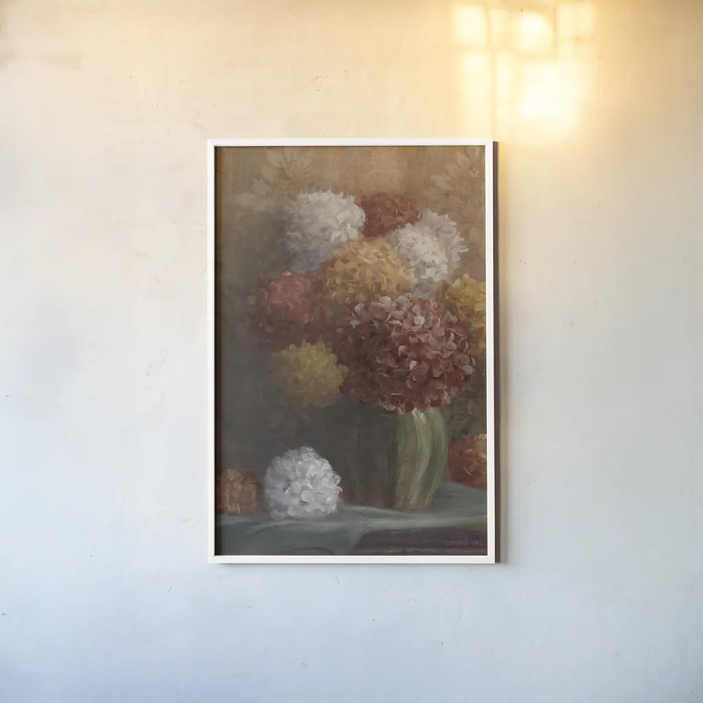 Fall Hydrangea Crop by Danhui Nai. shown as a paper print in a white frame. Available as a archival giclee rolled canvas, fine art paper, or poster print. SKU 94601h.