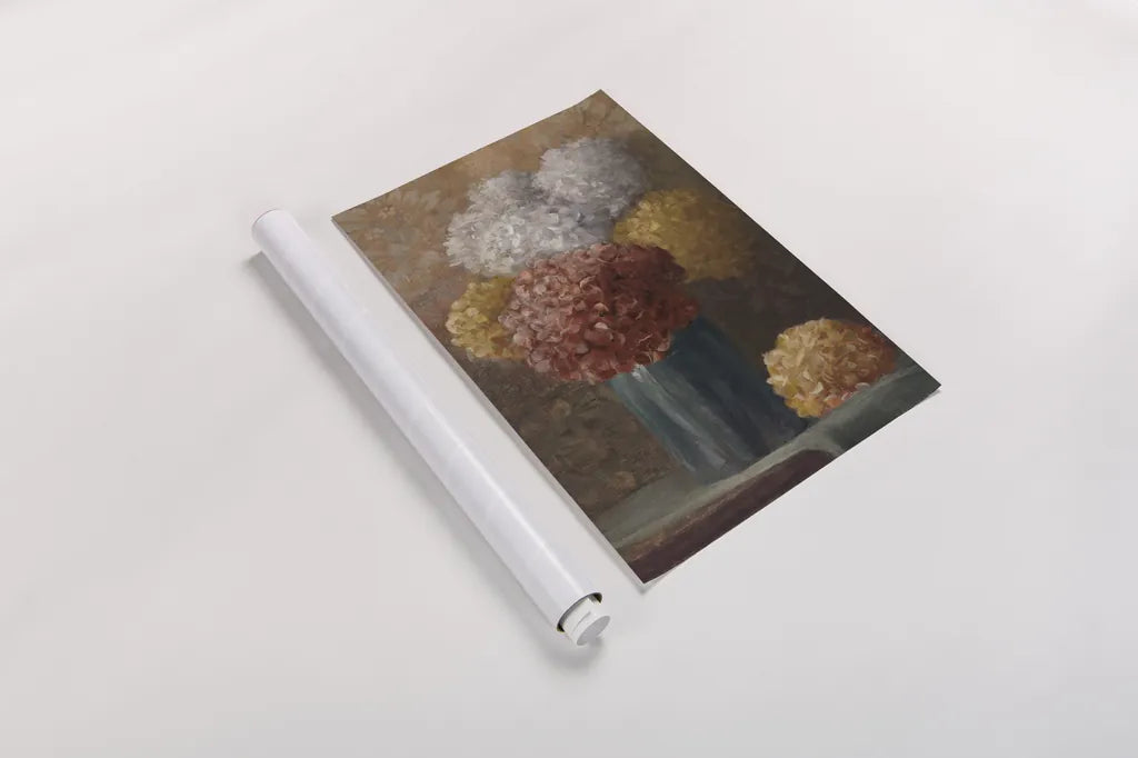 Fall Hydrangea II by Danhui Nai. shown as a rolled paper print. Available as archival giclee rolled canvas, fine art paper, or poster print. SKU 98690h.