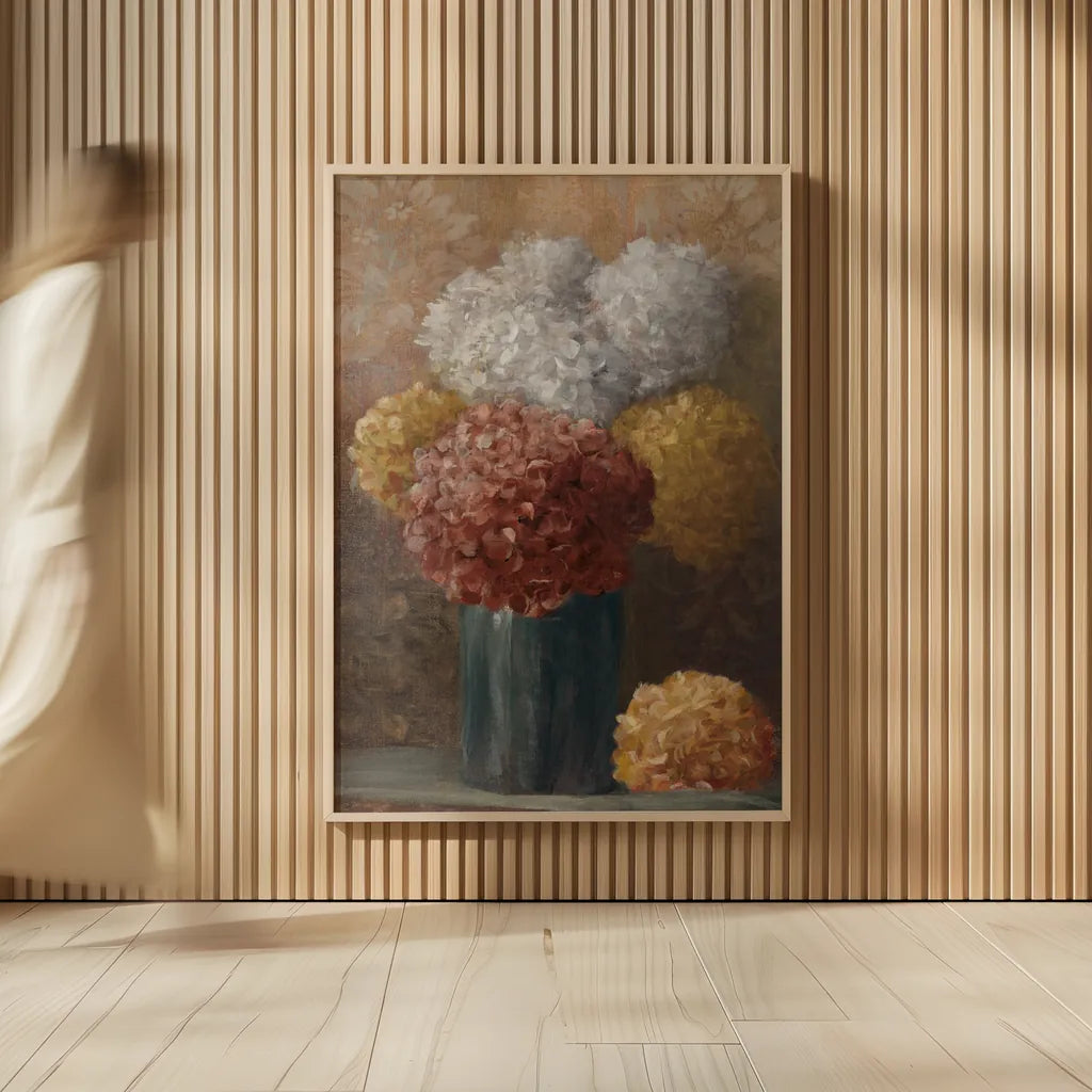 Fall Hydrangea II by Danhui Nai. shown as over sized large wall art. Available as an archival giclee rolled canvas, fine art paper, or poster print. SKU 98690h.