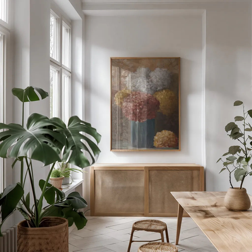 Fall Hydrangea II by Danhui Nai. shown as a print in a natural wood frame in a dining room. Available as a archival giclee rolled canvas, fine art paper, or poster print. SKU 98690h.