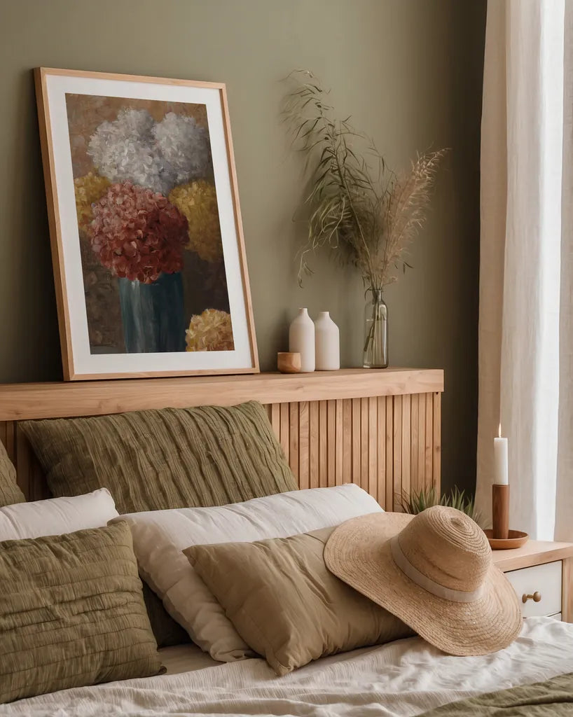 Fall Hydrangea II by Danhui Nai. shown as a paper print in a natural frame. Available as a archival giclee rolled canvas, fine art paper, or poster print. SKU 98690h.