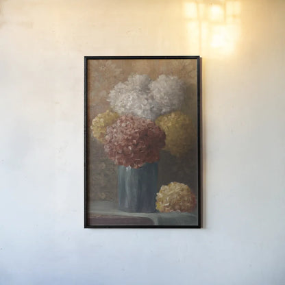 Fall Hydrangea II by Danhui Nai. shown as a paper print in a black flame. Available as a archival giclee rolled canvas, fine art paper, or poster print. SKU 98690h.