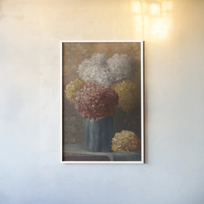 Fall Hydrangea II by Danhui Nai. shown as a paper print in a white frame. Available as a archival giclee rolled canvas, fine art paper, or poster print. SKU 98690h.