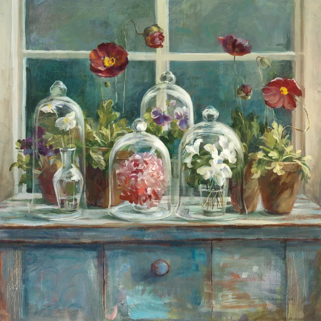 Fall Poppies Windowsill by Danhui Nai. SKU 44136a. Archival Giclee Fine art print for wall decor.