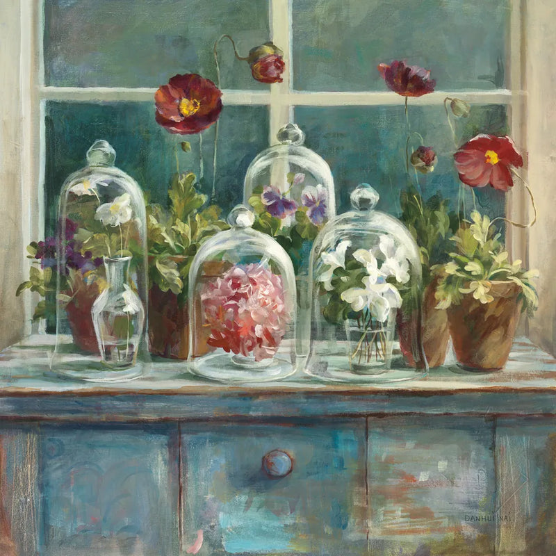 Fall Poppies Windowsill by Danhui Nai. SKU 44136a. Archival Giclee Fine art print for wall decor.