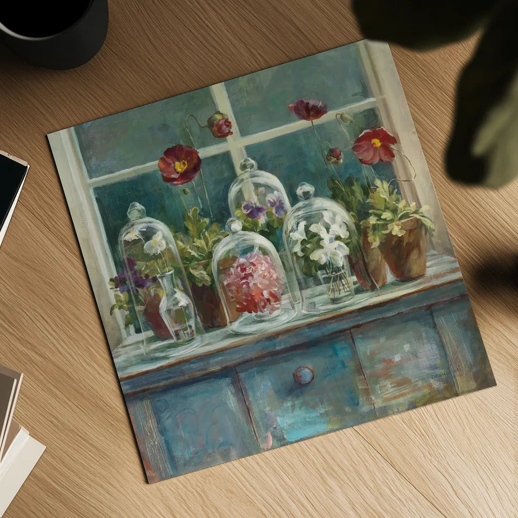 Fall Poppies Windowsill by Danhui Nai. Shown as a detailed flat fine art print, highlighting archival giclee quality. Available as an archival giclee rolled canvas, fine art paper, or poster print. SKU 44136a.